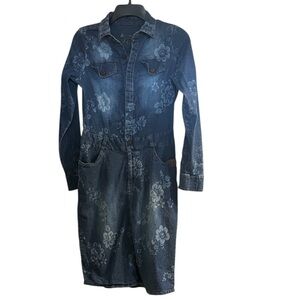 Kenzo Floral Stretch Denim Long-Sleeve Shirt Fitted Button Down Midi Dress